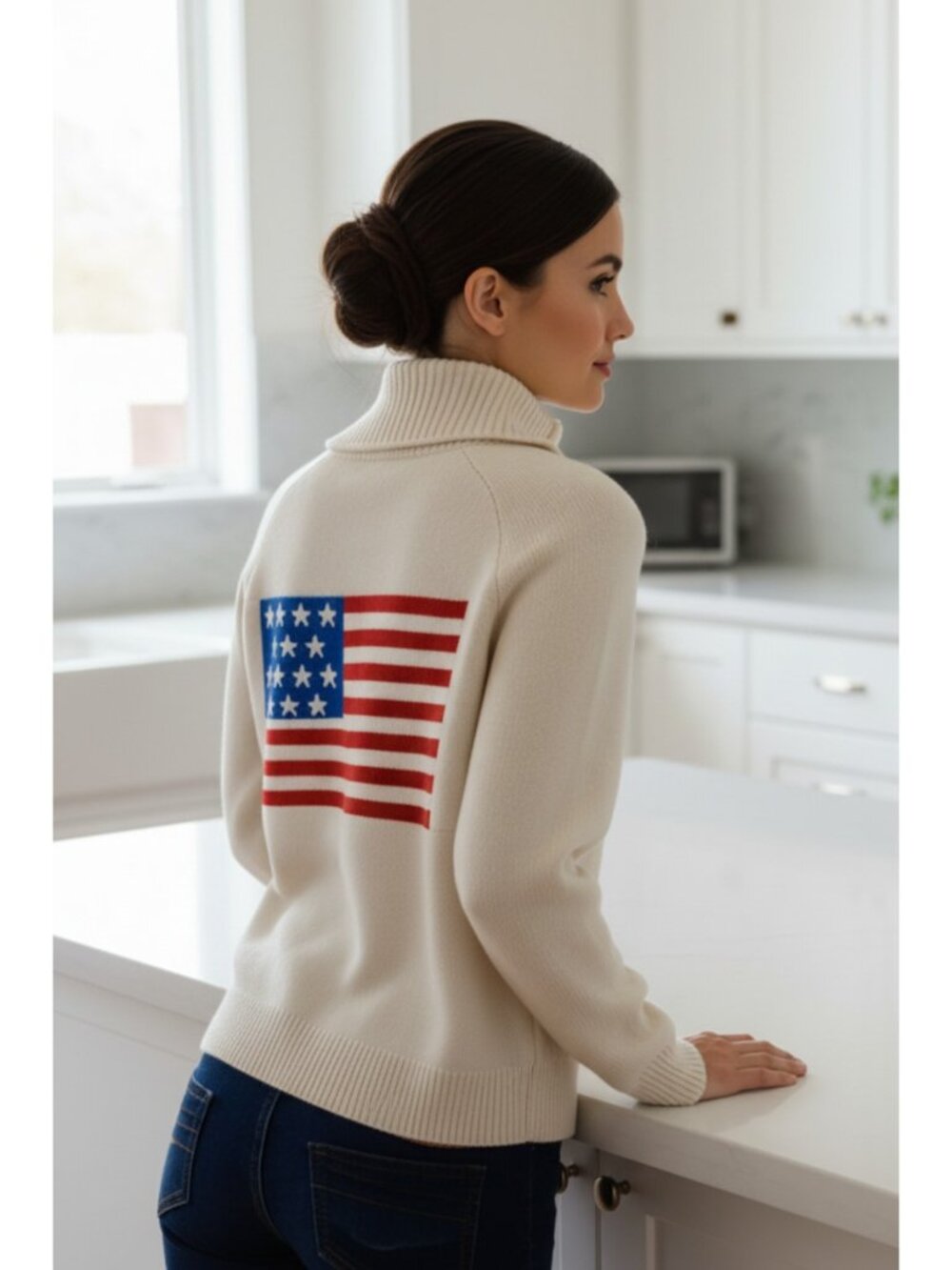 American USA Flag V-Neck Button Front Patch Pocket Long Sleeve Box Knit Cardigan